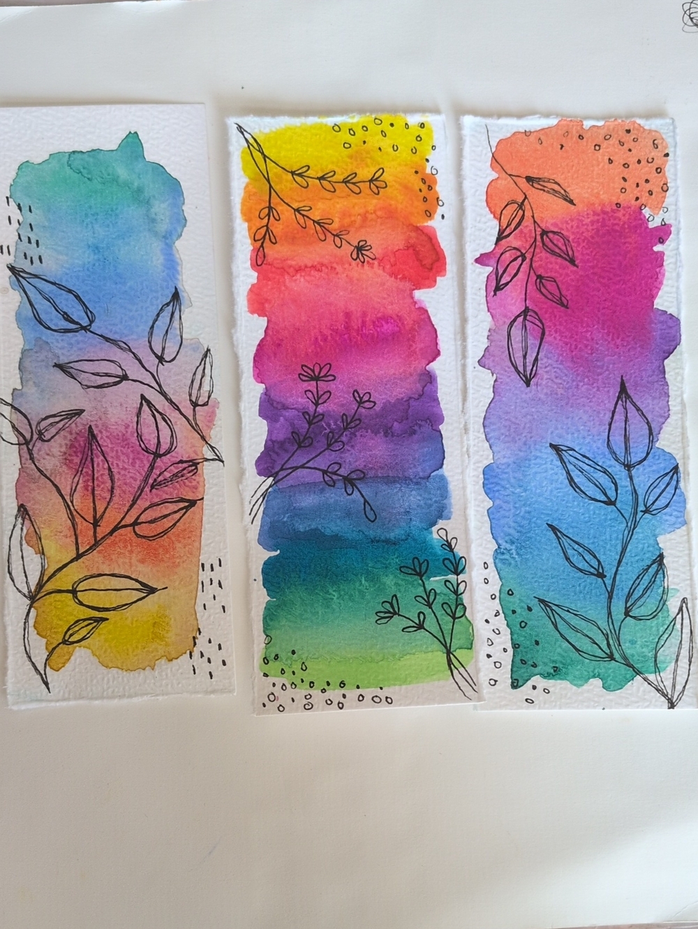 3 For $10 Watercolor Rainbow Bookmarks with Botanical Ink Accents